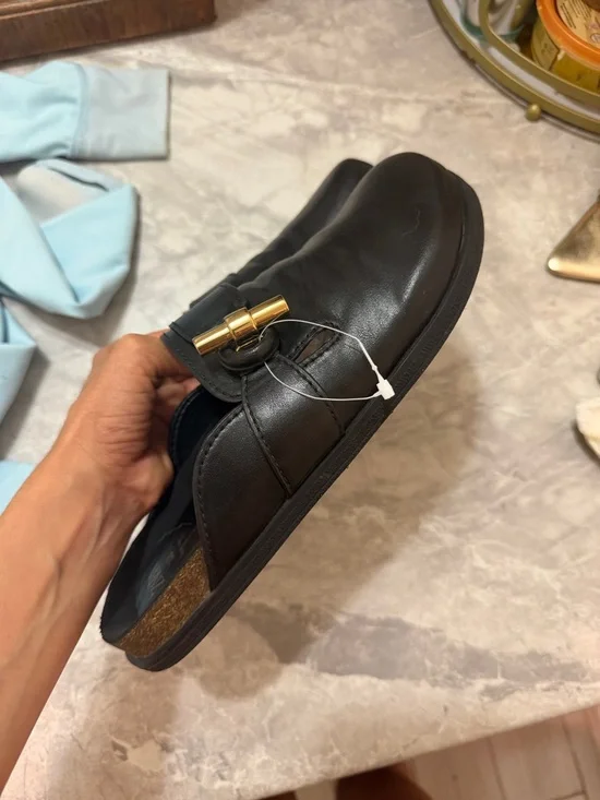 Zara Black Leather Slip-On Mules with Gold Bamboo Buckle - Picture 2 of 6